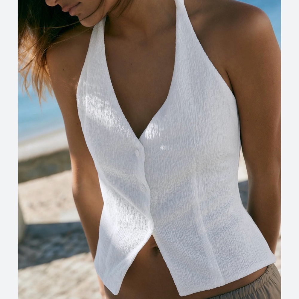 Zara Cream Textured Halter Top